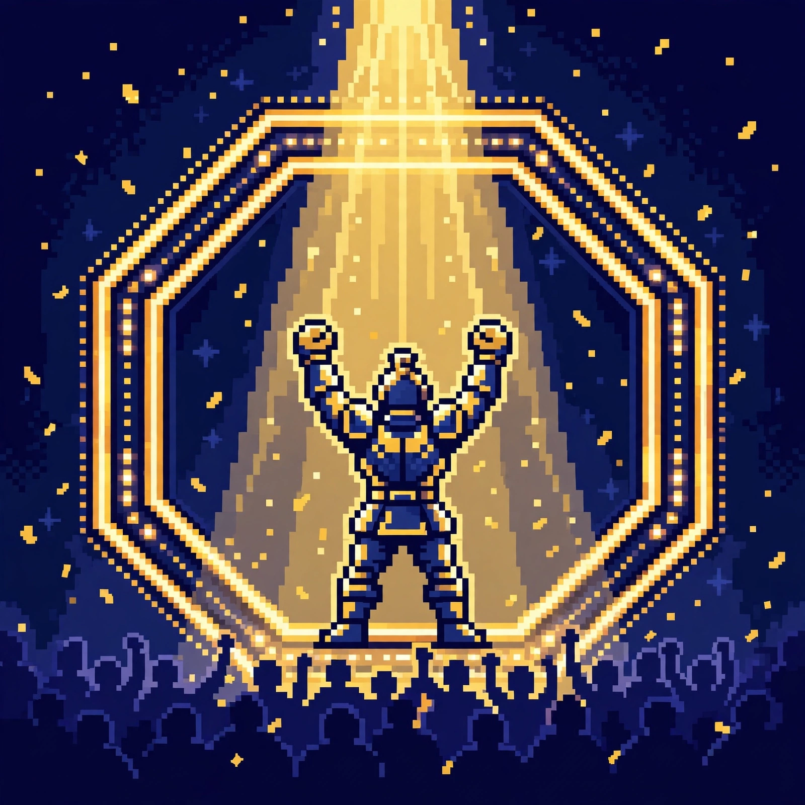 Pixel-art fighter celebrating under a gold spotlight