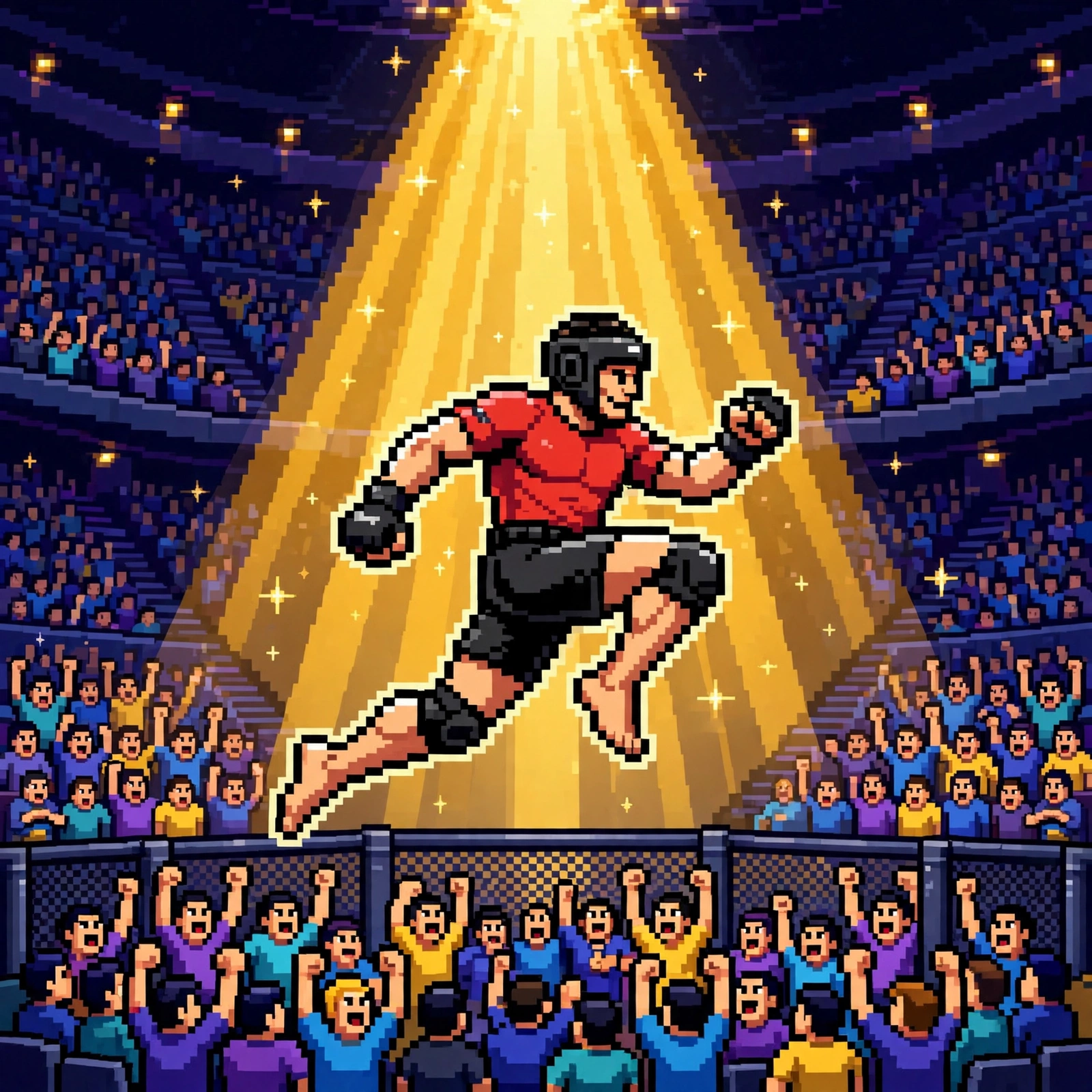 16-bit pixel-art of an MMA fighter landing a flying knee in a packed arena under a spotlight