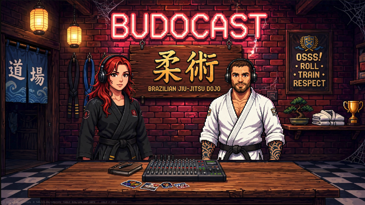 Pixel-art Budocast studio with hosts Jessica and Marcus behind a mixing desk