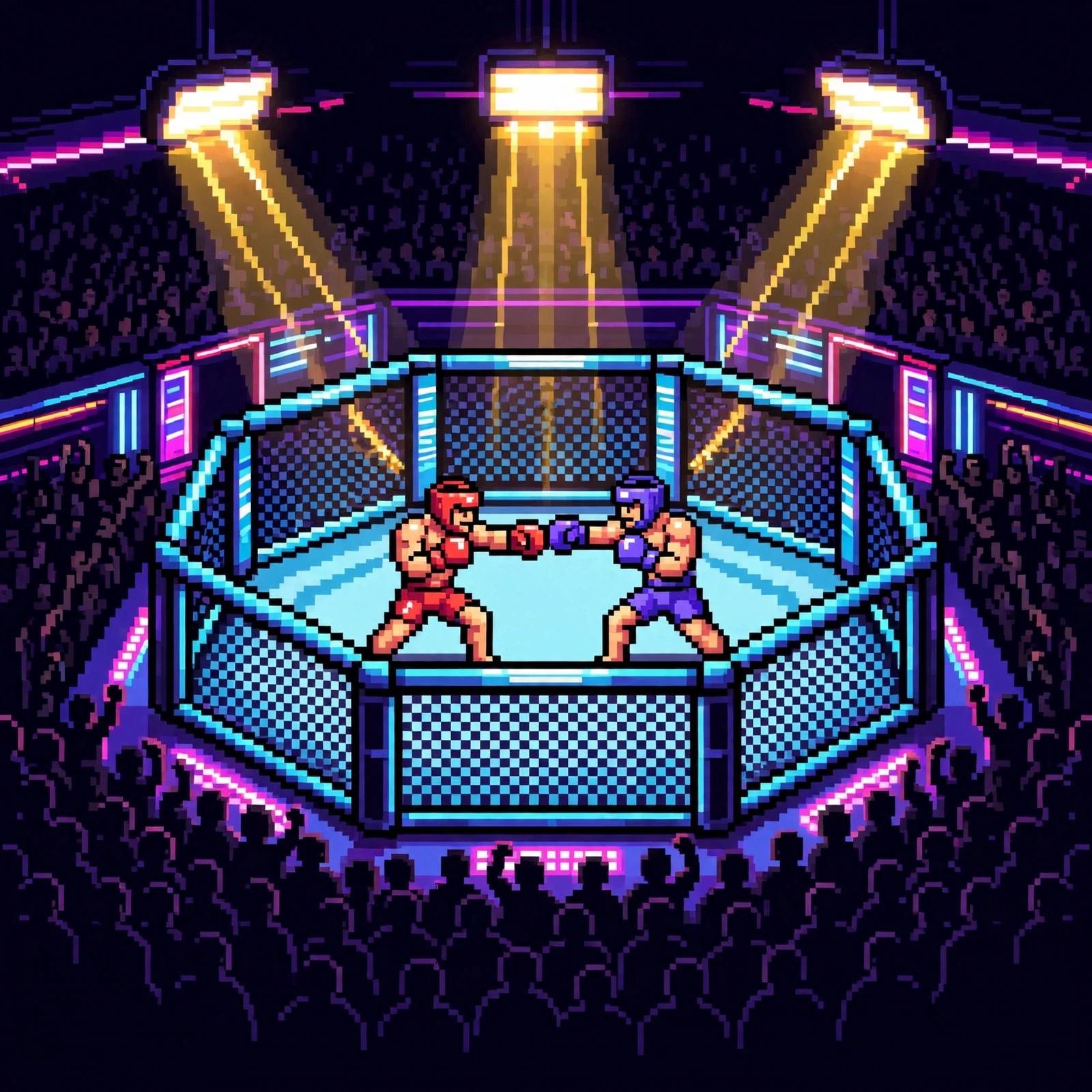 Pixel-art fighters inside a brightly lit cage