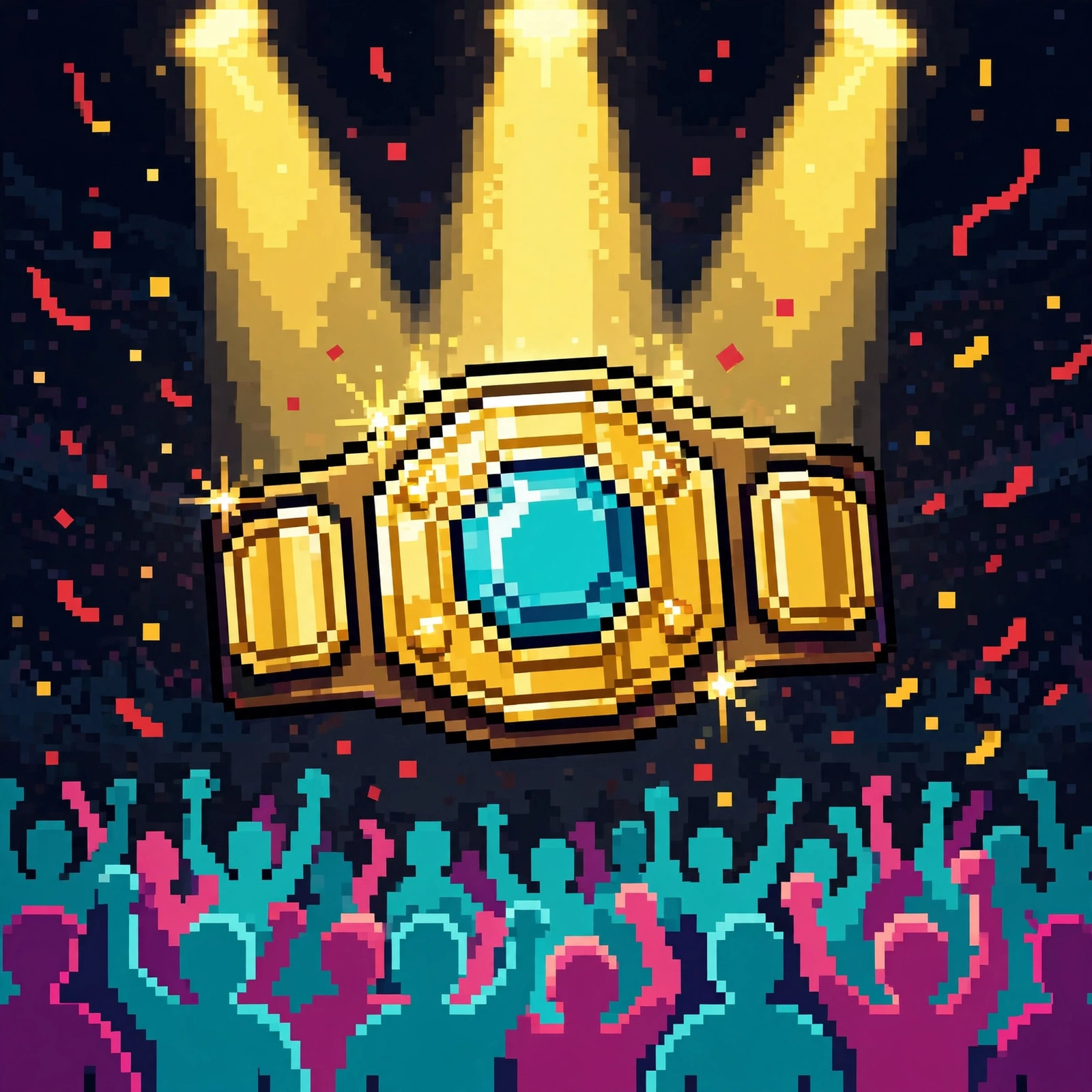 Pixel-art championship belt above a cheering arena crowd